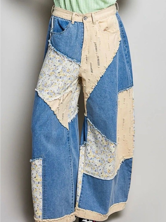 POL Denim - POL Daisy Drift Patchwork Wide-Leg Jeans in Blue and Beige